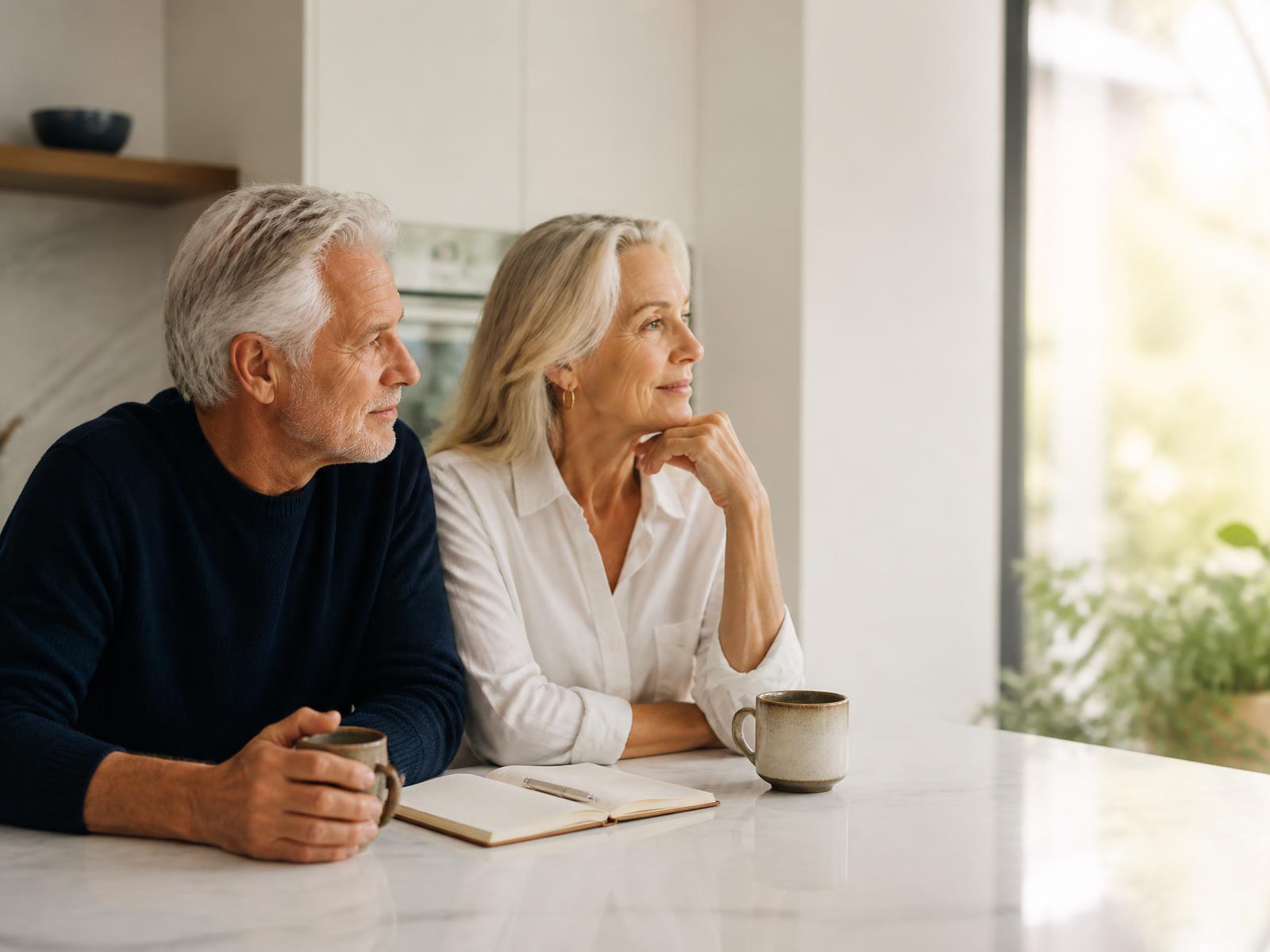 A couple in their sixties reviewing their retirement income plan together at home